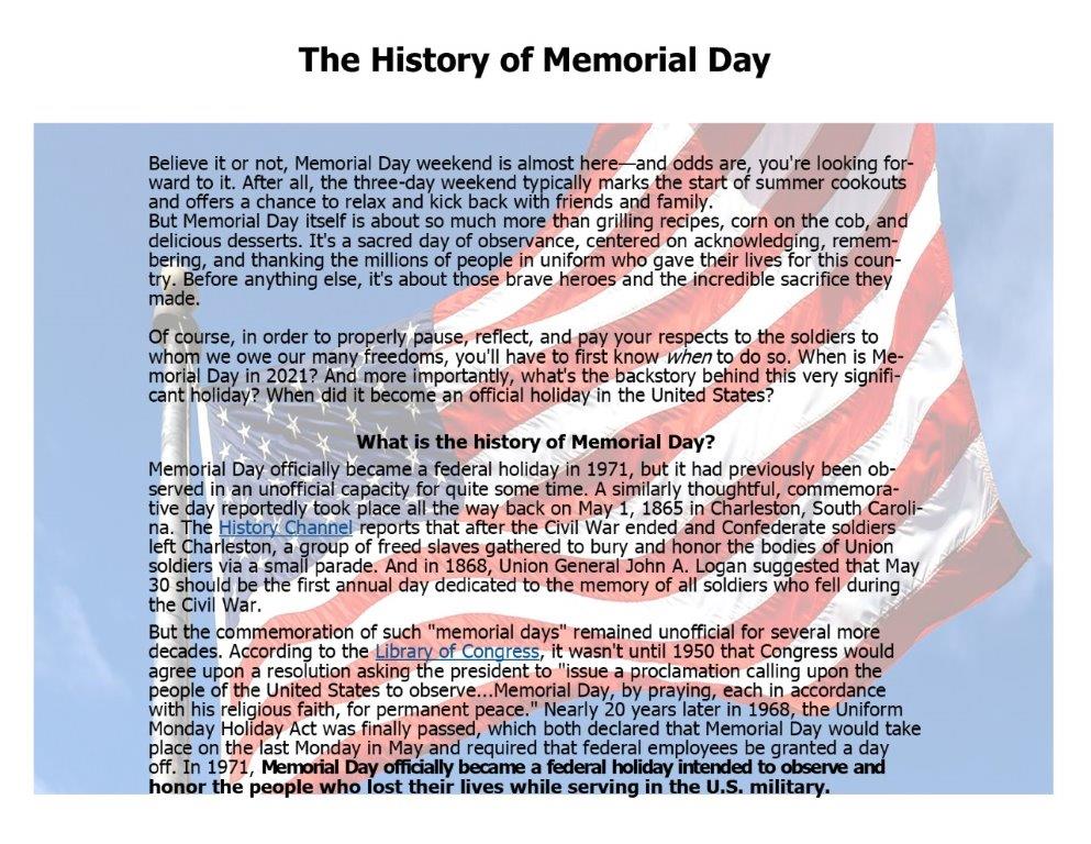 the history of memorial day with a flag background