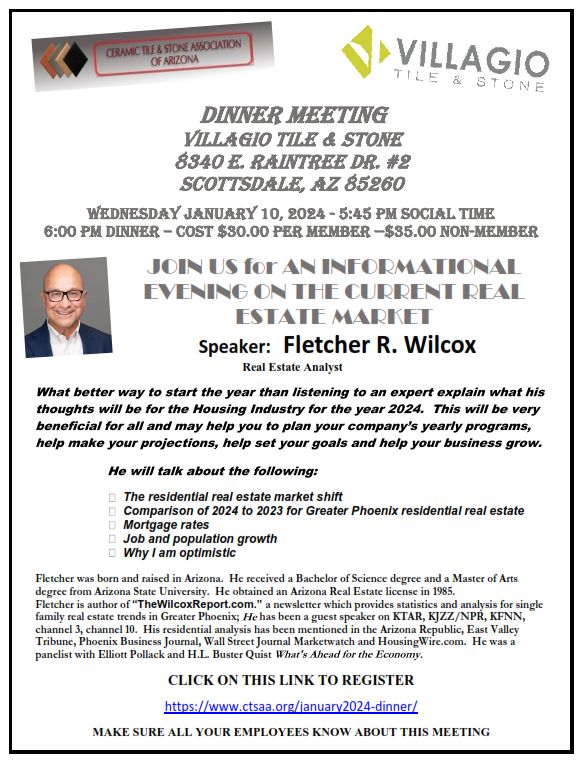 Announcement of Ceramic Stone & Tile Association January Networking Dinner featuring Fletcher R. Wilcox as our speaker